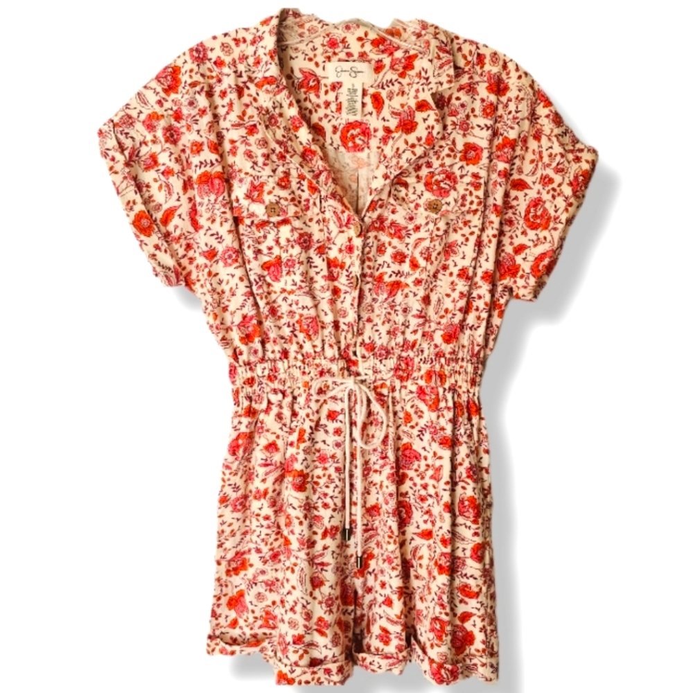 Jessica Simpson Floral Linen Blend Tie Waist Romper Size Small Boho Summer